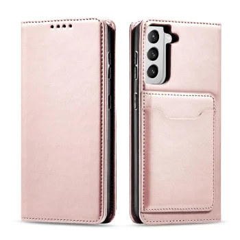 Atverčiamasis dėklas Samsung Galaxy S22+ su kortelių skyriais ir stovu, rožinis