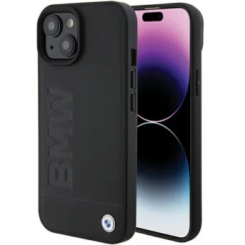 BMW dėklas iPhone 15 Plus telefonui Leather Hot Stamp MagSafe, juodas