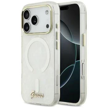 Guess IML Shell Script Metal MagSafe Dėklas iPhone 17 Pro Max, Baltas