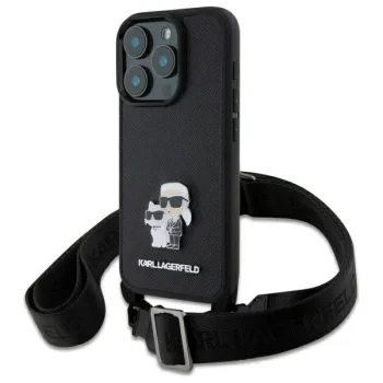 Apple iPhone 16 Pro 6.3'' Karl Lagerfeld Saffiano Karl&Choupette Metal Pin CBDY Strap Case Cover, Black