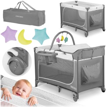 Ricokids RK-241 sulankstoma kelioninė lovelė su čiužiniu ir krepšiu, pilka