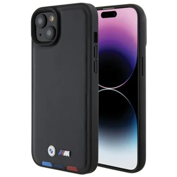 BMW dėklas iPhone 15 Plus telefonui Leather Stamp Tricolor, juodas