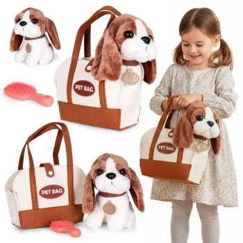 Plush Beagle Dog in a Handbag with Grooming Brush