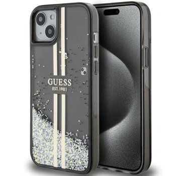 Apple iPhone 15 6.1'' Guess Liquid Glitter Gold Stripes Case Cover, Black