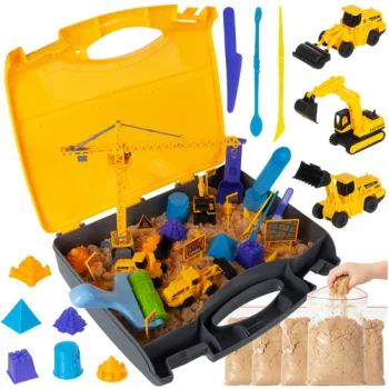 Kinetinio smėlio statybų rinkinys su kranu ir transporto priemonėmis lagamine