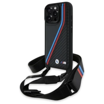 BMW dėklas iPhone 16 Pro M Edition Carbon Tricolor Lines & Strap, juodas
