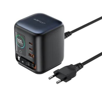 Stalinis įkroviklis Acefast Z10 GaN 100W, ištraukiamas USB-C laidas, TFT ekranas, juodas