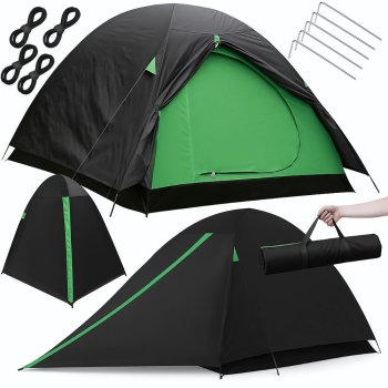 Vandeniui atspari dvivietė turistinė palapinė su tinkleliu nuo uodų, juoda/žalia