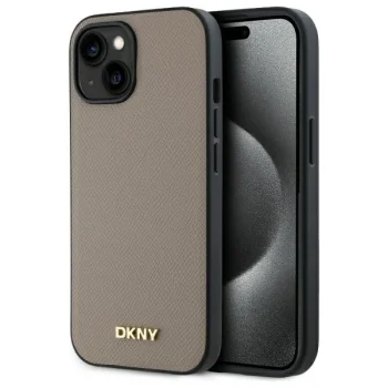 DKNY Grained Metal Logo MagSafe dėklas telefonui iPhone 15, smėlio spalvos