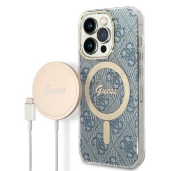 Guess rinkinys iPhone 14 Pro dėklas ir MagSafe įkroviklis, mėlynas