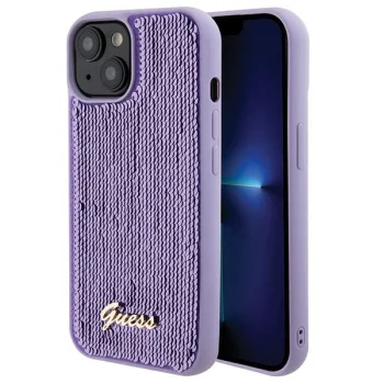 Guess dėklas iPhone 15 telefonui Sequin Script Metal, violetinis