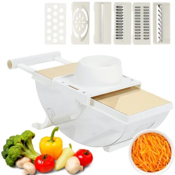 Daugiafunkcė rankinė daržovių pjaustyklė ir tarka su indu, balta / auksinė