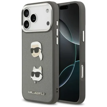 Karl Lagerfeld Grained Karl & Choupette Heads Pins dėklas iPhone 17 Pro Max, Pilkas