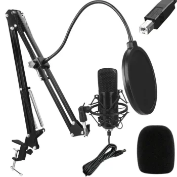 Studijinio USB kondensatorinio mikrofono rinkinys su stovu ir pop filtru, juodas