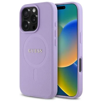 Guess Saffiano MagSafe dėklas iPhone 16 Pro telefonui, violetinis