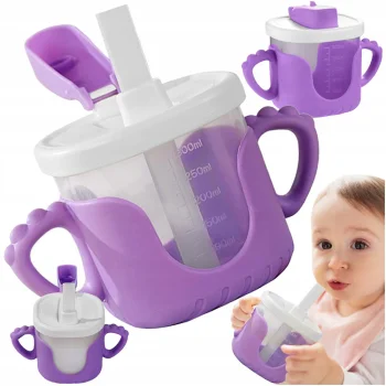 Vaikintas puodelis su silikoninėmis rankenėlėmis ir šiaudeliu, 300 ml, violetinis