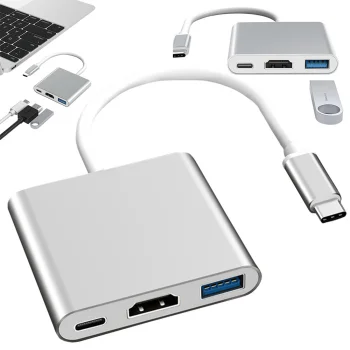 3-in-1 USB-C šakotuvas-adapteris su HDMI 4K ir USB 3.0, baltas ir sidabrinis