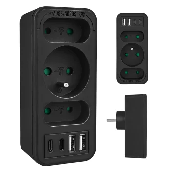 Elektros lizdų šakotuvas Maclean MCE248 F/B su 3 lizdais, 2x USB-A ir 2x USB-C PD 20W, juodas