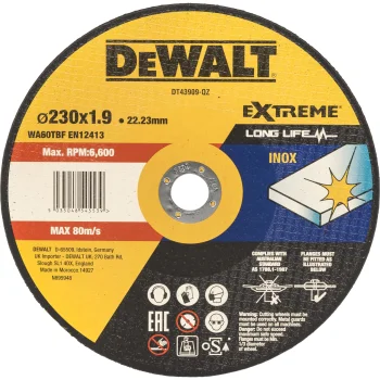 Pjovimo diskas DeWalt DT43909-QZ metalui ir INOX, 230 x 1.9 x 22.23 mm