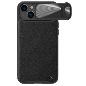 Nillkin CamShield Leather S Case dėklas telefonui iPhone 14 Plus su kameros dangteliu, juodas