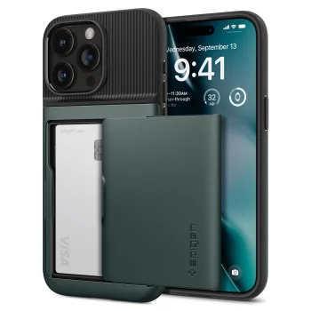 Spigen Slim Armor CS dėklas iPhone 15 Pro Max, tamsiai žalias