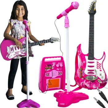 Iso Trade 00022407 vaikiškos elektrinės gitaros rinkinys su mikrofonu, rožinis