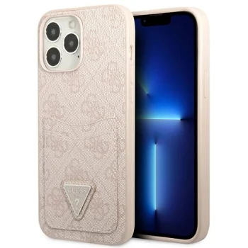 Guess 4G Triangle Logo dėklas su kortelių skyriais iPhone 13 / 13 Pro, rožinis