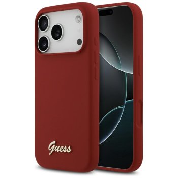 Guess Silicone Script Metal Logo MagSafe dėklas iPhone 17 Pro, raudonas