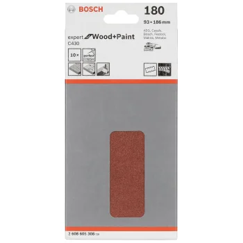 Šlifavimo popieriaus lapeliai Bosch C430 Wood and Paint 93x186 mm, G180, 8 skylės, 10 vnt.