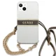 Guess dėklas iPhone 13 mini su ruda juostele ir auksine grandinėle, skaidrus