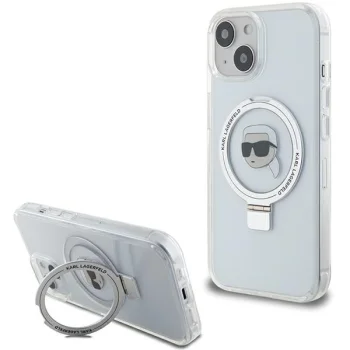 Karl Lagerfeld dėklas, skirtas iPhone 15, su MagSafe Ringstand, baltas