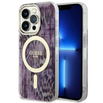 Guess dėklas iPhone 14 Pro telefonui Leopard MagSafe, rožinis