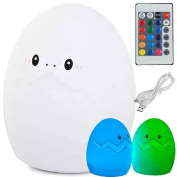 Vaikų naktinė lemputė Kiaušinis, LED RGB, silikoninė, su pultu, balta