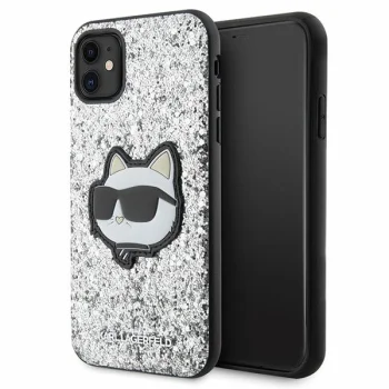 Karl Lagerfeld dėklas iPhone 11 / XR Glitter Choupette Patch, sidabrinis