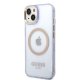 Guess dėklas iPhone 14 telefonui Gold Outline Translucent MagSafe, violetinis
