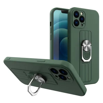 Silikoninis dėklas Samsung Galaxy A22 4G su žiedu ir stovu, tamsiai žalias