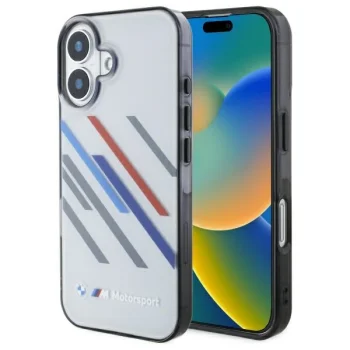 BMW dėklas skirtas iPhone 16 Motorsport IML Random Stripes, pilkas