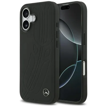 Mercedes dėklas iPhone 17 telefonui Leather Large Laurel Leave MagSafe, juodas