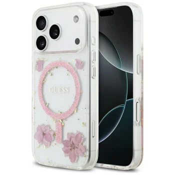 Guess Resin Flowers Glitter MagSafe Case for iPhone 17 Pro, Pink