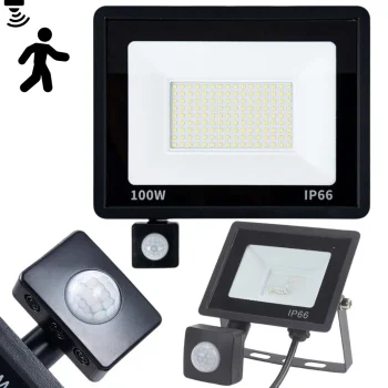 LED prožektorius su judesio ir prieblandos jutikliu 100W 6000K IP66
