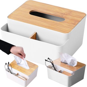 Tissue Box with Organizer and Bamboo Lid