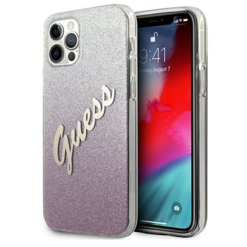 Guess iPhone 12 Pro Max dėklas Glitter Gradient Script, rožinis