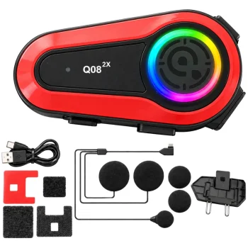 Motociklo šalmo domofonas Q08 2X su Bluetooth ir RGB, juodas