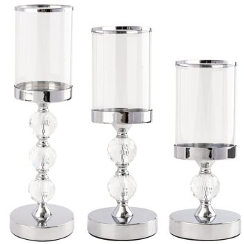 Glamour stiliaus stiklinių ir metalinių žvakidžių rinkinys, 3 vnt., chromas