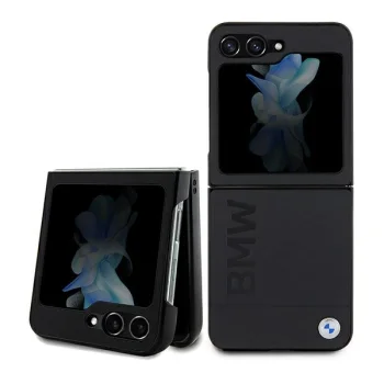 BMW Leather Hot Stamp dėklas, skirtas Samsung Galaxy Z Flip 5, juodas