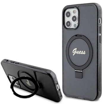 Guess Ring Stand Script Glitter MagSafe Case for iPhone 12 / 12 Pro - Black