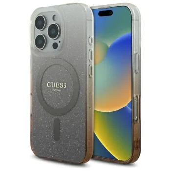 Guess dėklas iPhone 16 Pro su MagSafe, IML Glitter Gradient, rudas