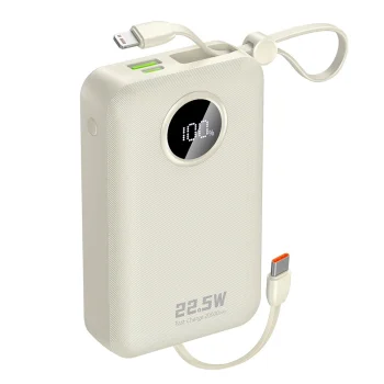 Dudao K14+ išorinė baterija 20000mAh, 22.5W su USB-C / Lightning laidais, balta