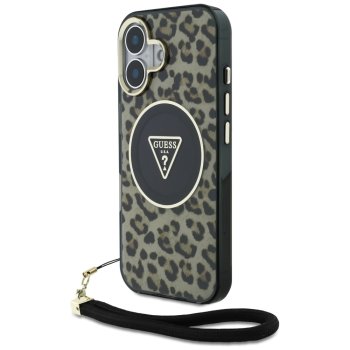 Guess HC IML Leopard Triangle Cord Strap MagSafe dėklas iPhone 16, rudas