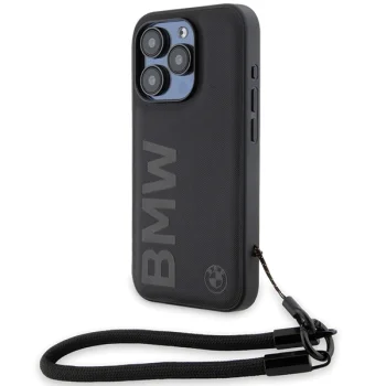 Dėklas BMW Signature Leather Wordmark Cord skirtas iPhone 15 Pro Max 6.7", juodas